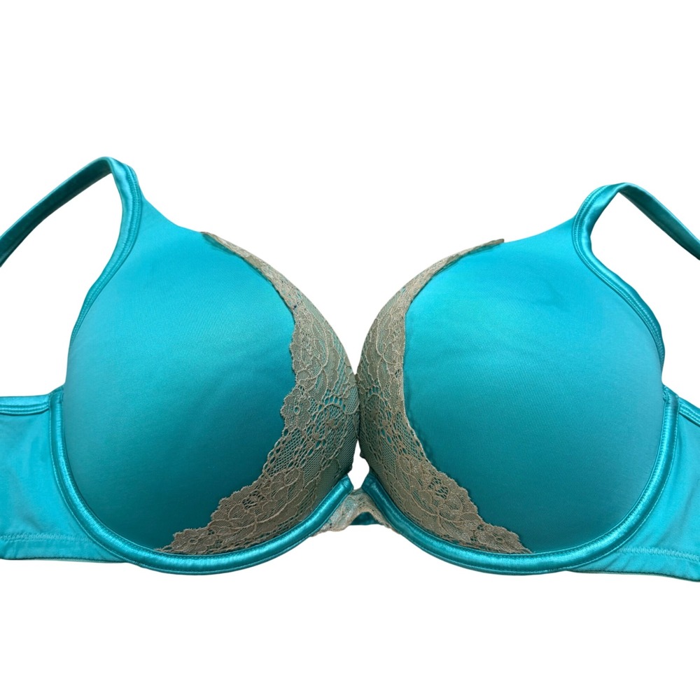 Cacique Teal Blue Lace Trim Underwire Balconette Bra 40D